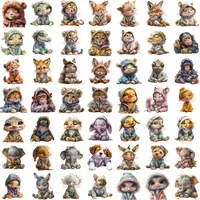 Sleepy Animals Clipart Bundle grid view showing variety of poses featuring foxes, monkeys, and elephants in pajamas. Watercolor style isolated PNGs for card making.