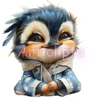 Watercolor blue bird with wild messy hair wrapped in a cozy blue hoodie. Funny sleepy animal character isolated for sublimation and stickers.