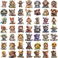 Sleepy Animals In Clothes grid view showing variety of poses with hedgehogs, wolves, and horses in pajamas. Perfect for creating children's book illustrations and POD items.