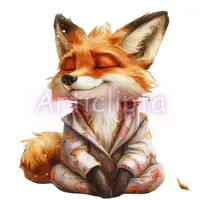 Watercolor fox wearing patterned pajamas sitting in a meditation lotus pose. Cute zen animal character for yoga studios and mindfulness planners.