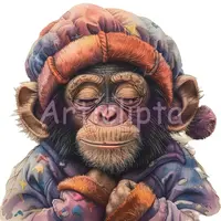 Watercolor chimpanzee wearing a knit winter hat and purple star pajamas. Cozy sleepy monkey character isolated for sublimation and holiday cards.