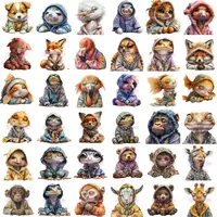 Large assortment of Sleepy Animals In Clothes including foxes, owls, and seals in patterned pajamas. Ideal for children's activity books and KDP interiors.