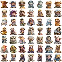 Sleepy Animals In Clothes grid view showing variety of poses including highland cows, otters, and owls in nightwear. Perfect for digital scrapbooking and planner stickers.