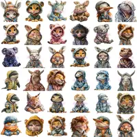 Detailed grid of Sleepy Animals In Clothes featuring leopards, koalas, and kangaroos in soft hoodies. Full collection preview for nursery decor and digital planners.