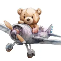 Watercolor teddy bear pilot flying a vintage grey propeller airplane. Cute aviator animal illustration perfect for boy nursery decor and apparel.