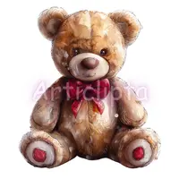 Watercolor teddy bear boy wearing a red bow tie with red pads on paws. Classic stuffed animal clipart isolated for sublimation and greeting cards.