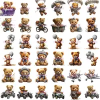 Cute Teddy Bear Boy Clipart grid view showing a collection of bears with parachutes, on bikes, and celebrating. Ideal for planner stickers and digital scrapbooking.