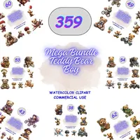 359 Mega Bundle Teddy Bear Boy Clipart collection showing an assortment of bears in red, blue, green, and gold clothes. Huge variety for commercial use sublimation and POD.