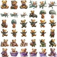 Teddy Bear Boy Clipart grid view featuring bears in vintage planes, taking a bath, and holding flower baskets. Variety of poses for activity books and KDP.