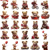 25 Watercolor Teddy Bear Boy Clipart elements including bears taking bubble baths and holding red birthday cakes. Perfect for planner stickers and printable layouts.