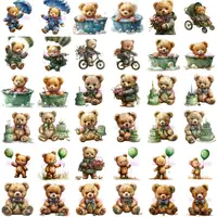 Watercolor Teddy Bear Boy Clipart Bundle grid view showcasing cute bears with birthday cakes, umbrellas, and flowers. High quality transparent PNGs for sublimation.