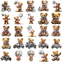 Watercolor Teddy Bear Boy Clipart Bundle with blue bows, balloons, and vintage cars. Full collection preview for nursery decor, birthday invitations, and sublimation designs.