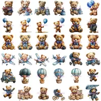 Teddy Bear Boy Clipart grid view in a blue theme, showing bears with balloons, birthday cakes, and hot air balloons. High quality isolated PNGs for sublimation.