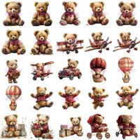Watercolor Teddy Bear Boy Clipart Bundle featuring bears in planes, hot air balloons, and red outfits. Variety of poses for high-quality transparent sublimation projects.