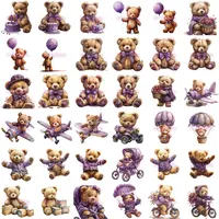 Teddy Bear Boy Clipart grid view in a purple theme, featuring bears with balloons, planes, and prams. Full collection preview for digital planners and scrapbooking.