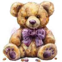 Watercolor brown teddy bear boy sitting with a large purple bow tie and scattered cookies. Cute nursery animal illustration suitable for baby shower invites.
