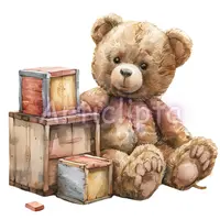 Watercolor brown teddy bear sitting next to rustic wooden toy blocks. Vintage style nursery toy illustration for scrapbooking and POD products.