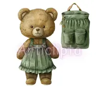 Watercolor bear wearing a green pinafore dress standing next to a green backpack. Back to school animal clipart isolated for planners and stickers.