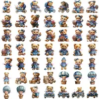 Watercolor Teddy Bear Girl Clipart Bundle grid view featuring over 40 elements of bears in blue outfits, prams, and vintage cars. Commercial use PNGs for digital scrapbooking.