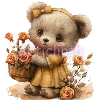 Watercolor cute bear in a yellow dress carrying a basket of orange roses. Adorable animal character clipart isolated for spring sublimation designs.