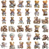 Watercolor Teddy Bear Girl Clipart Bundle grid view featuring gray and blue dressed bears with hot air balloons, gift boxes, and planes. High-quality transparent PNGs for scrapbooking.