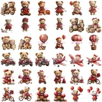 36 Watercolor Teddy Bear Girl Clipart Bundle featuring bears in red dresses, cars, and planes. Grid view showing variety of poses for stickers and scrapbooking. Commercial use PNGs.