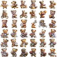Watercolor Teddy Bear Girl Clipart Bundle grid view showing teddy bears in gray/blue outfits with flowers, gifts, and on bicycles. Full collection preview for commercial use.