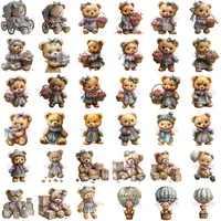 Watercolor Teddy Bear Girl Clipart Bundle grid view showing teddy bears in warm gray outfits, with prams, gift boxes, and winter hats. Perfect for low content activity books.