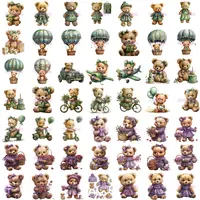 Watercolor Teddy Bear Girl Clipart Bundle grid view showing variety of green and purple outfits with elements like balloons, hot air balloons and bikes. Transparent PNGs for digital planning.
