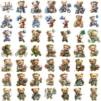 Watercolor Teddy Bear Girl Clipart Bundle grid view showing a variety of teddy bears in green dresses with flowers, prams, and on bicycles. Ideal for digital scrapbooking layouts.