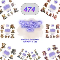 474 Watercolor Teddy Bear Girl Clipart Mega Bundle. A massive collection showing various styles like pink, purple, and green. Perfect for planner stickers and KDP books.