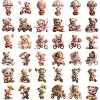 Watercolor Teddy Bear Girl Clipart Bundle grid view featuring pastel pink outfits, prams, airplanes, and hot air balloons, ideal for baby shower themes. Isolated PNGs for sublimation.