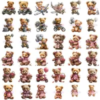 Watercolor Teddy Bear Girl Clipart Bundle grid view showing teddy bears in pink dresses on scooters, bicycles, and with balloons and birthday cakes. Perfect for planner stickers.