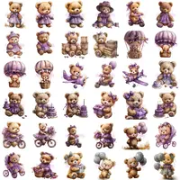 Watercolor Teddy Bear Girl Clipart Bundle grid view featuring purple dressed bears on bikes, with gifts, and hot air balloons. Assortment of poses for educational resources.