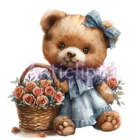 Watercolor teddy bear girl wearing a blue dress holding a basket of roses. Vintage style toy bear clipart isolated for Valentine crafts and planners.
