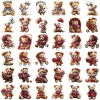 36 Watercolor Teddy Bear Girl Clipart with bears in strollers and carrying rose baskets. Preview of cute character poses for classroom decor and educational resources.