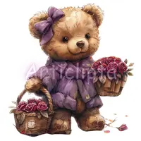 Watercolor teddy bear in a purple winter coat holding baskets of deep pink roses. Cozy animal clipart isolated for seasonal greeting cards.