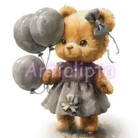 Watercolor vintage bear in a grey dress holding grey balloons. Melancholic yet cute party animal clipart isolated for scrapbooking and journaling.