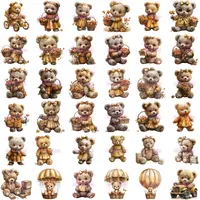 Watercolor Teddy Bear Girl Clipart Bundle grid view showing teddy bears in yellow dresses with baskets, bikes, and hot air balloons. High-quality transparent PNGs for sublimation.