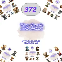 372 Baby Animal Mega Bundle featuring a massive collection of watercolor creatures like elephants, monkeys, and owls. Large assortment of high-quality PNGs for commercial use.