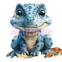 Watercolor blue frog sitting on autumn leaves. Cute amphibian clipart with textured skin isolated for fall scrapbooking and nature designs.