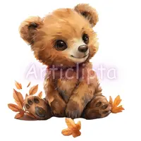 Watercolor brown bear cub sitting surrounded by falling autumn leaves. Woodland animal clipart isolated for nursery wall art and stickers.