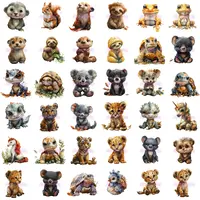 Cute Wildlife Animal Clipart Bundle grid view showing variety of species including sloth, squirrel, frog, tortoise, and lion cubs in warm, autumn tones. Isolated PNGs.