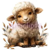 Watercolor fluffy lamb sitting among dried plants. Cute sheep clipart isolated for baptism invitations and pastoral nursery themes.