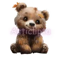 Watercolor smiling bear cub with a fall leaf on its ear. Adorable woodland teddy clipart isolated for sublimation and greeting cards.