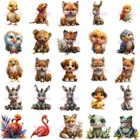 Watercolor Baby Animal Clipart collection grid view showing variety of poses and species like owls, donkeys, ducks, foxes and flamingos. Ideal for stickers and digital products.