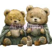 Two cute teddy bears wrapped in a green blanket holding warm mugs of tea. Cozy watercolor animal clipart PNG for winter designs and greeting cards.