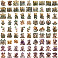 Cute Teddy Bear Clipart Bundle grid view showing bears in green, brown, and blue outfits, sitting with knit hats, in hammocks and baskets. Ideal for educational resources.