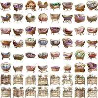 Watercolor Baby Shower Furniture Clipart grid view featuring floral vintage dressers, rattan cradles, and rocking cribs in various colors. Ideal for classroom decor and KDP.