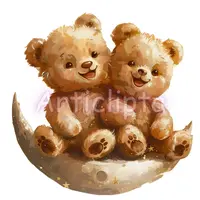 Two happy teddy bears sitting on a crescent moon surrounded by stars. Watercolor celestial nursery clipart PNG for baby shower themes and night decor.